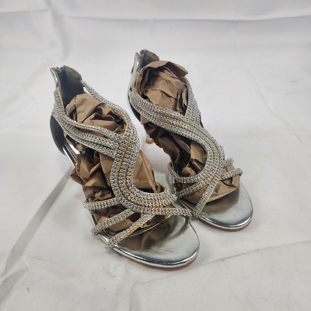She Sole Women’s 8-8.5 Silver Rhinestone Kitten Heel Sandals EU 39 Evening Pump